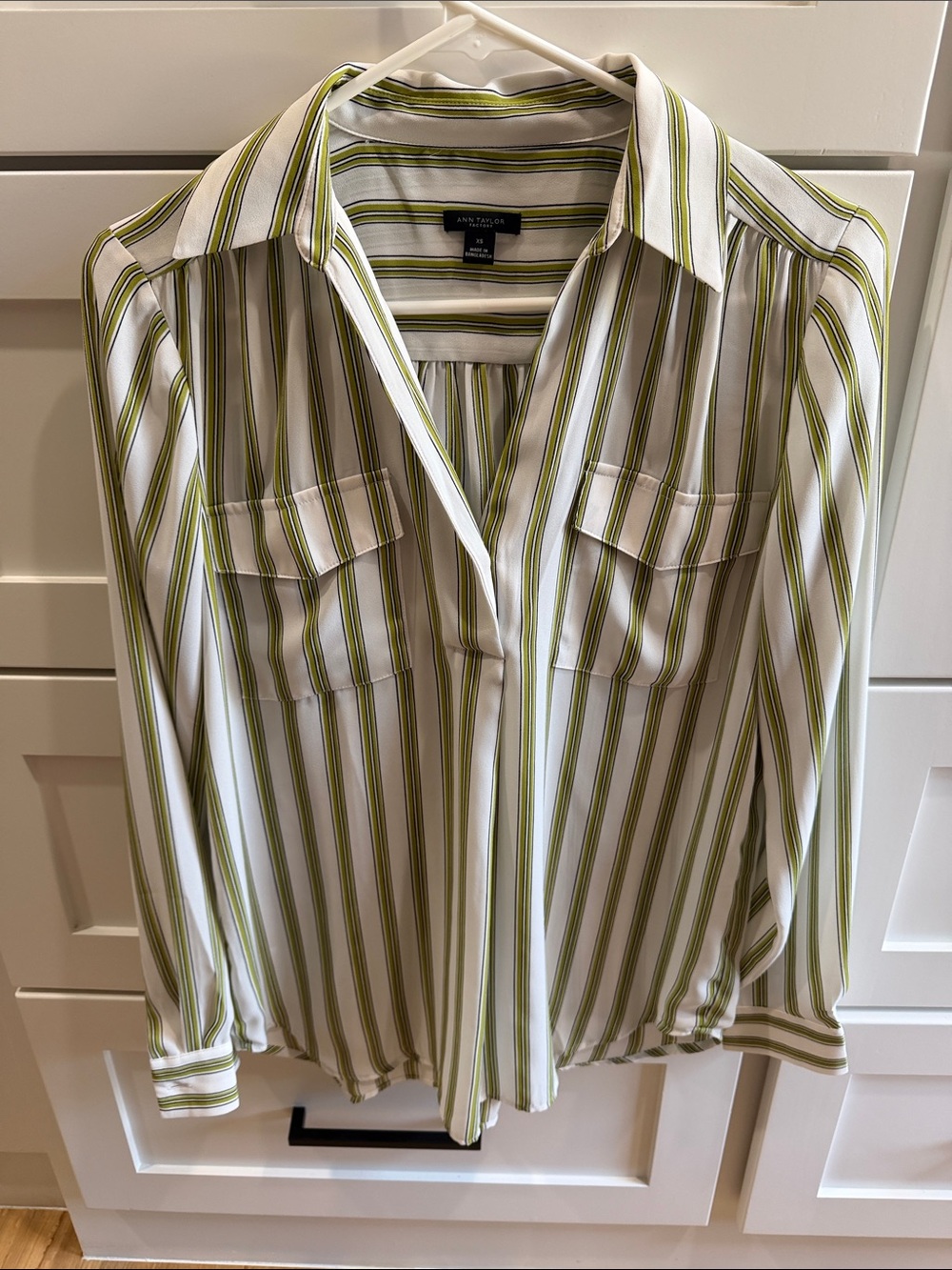 Ann Taylor Factory White and lime Striped Button-Front Shirt